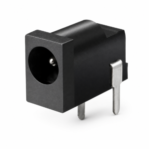 DC0020 right-angle PCB-mount DC power jack with three through-hole terminals