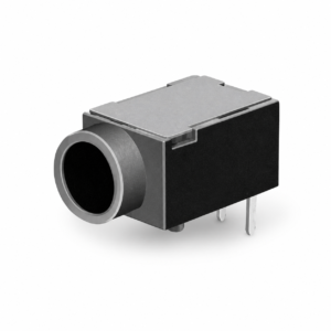 DC power jack connector mounted in a black rectangular housing with two metal pins protruding from the bottom