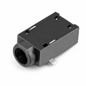 Panel-mount 3.5 mm audio jack socket (stereo) for PCB connections with metal mounting tabs