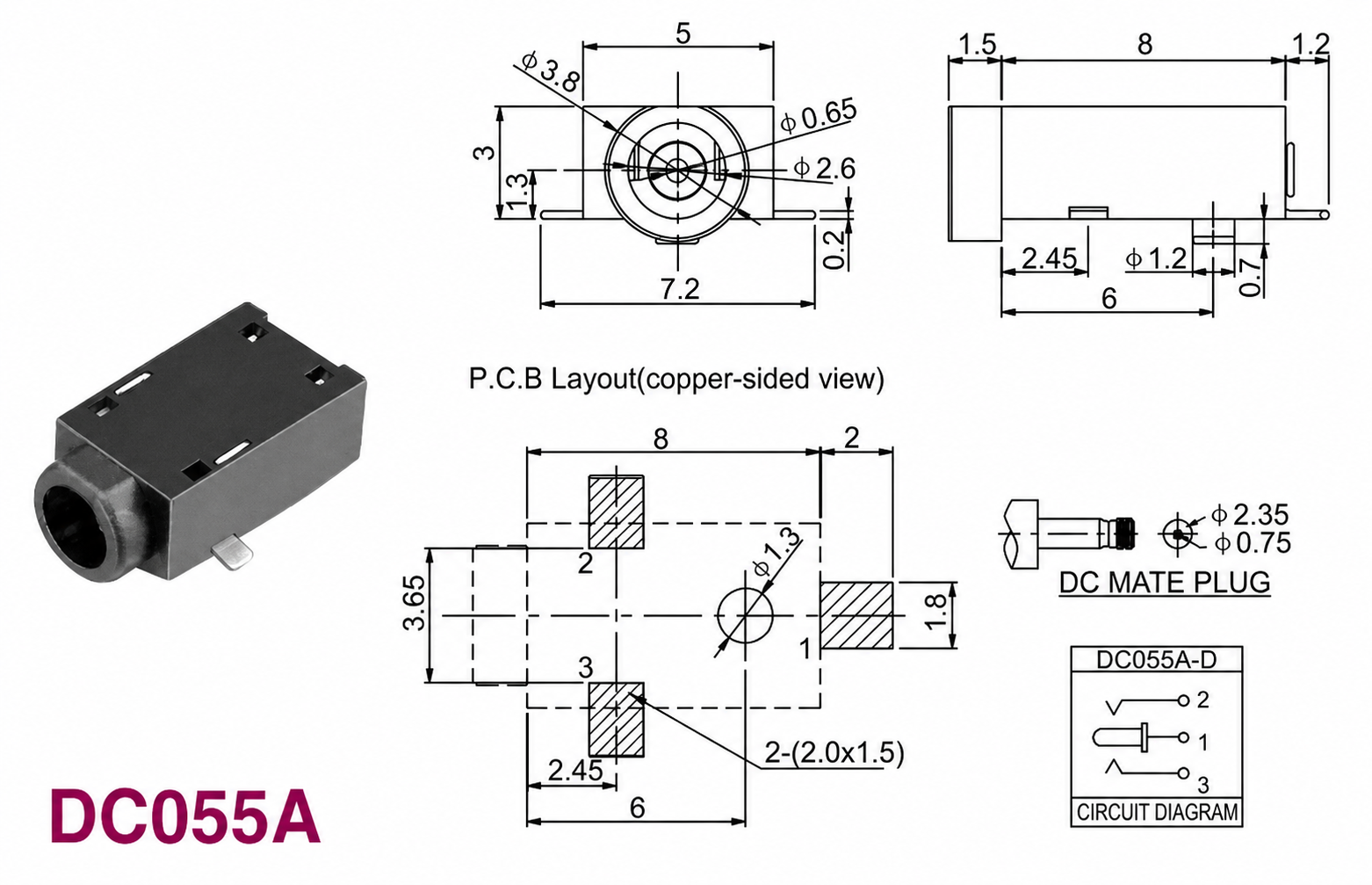 DC055A DC power jack dimensions, PCB footprint and 3-pin circuit diagram DC055A DC power jack dimensions, PCB footprint and 3-pin circuit diagram