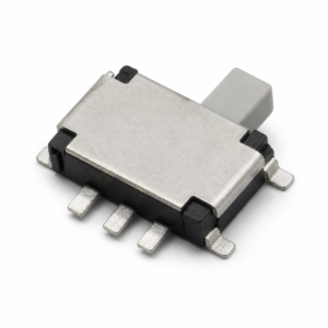 Surface-mount slide switch with metal shield and gray actuator, six-pin package for PCB mounting.