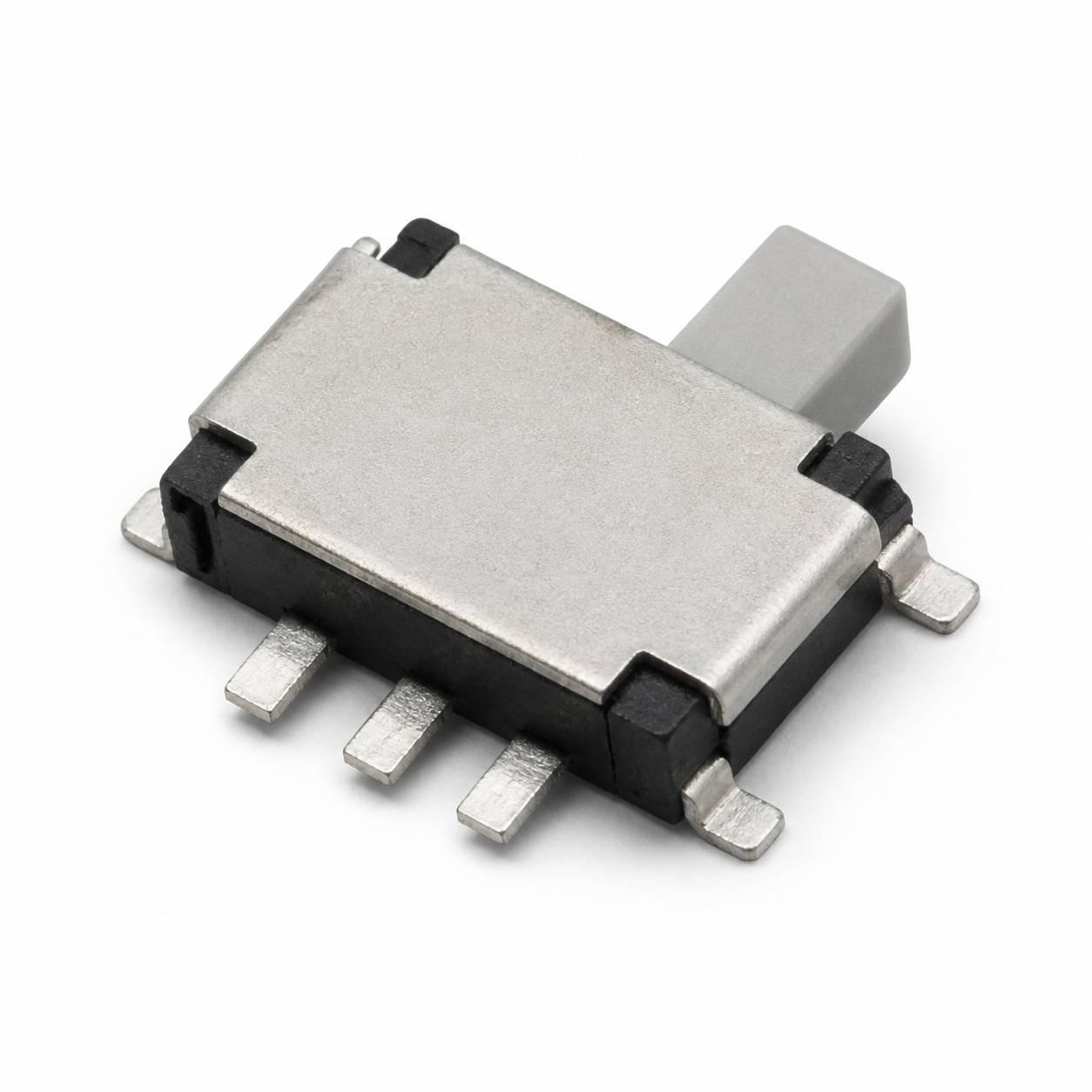 MSK1101 Side-Actuated SMD Slide Switch Surface-mount slide switch with metal shield and gray actuator, six-pin package for PCB mounting.