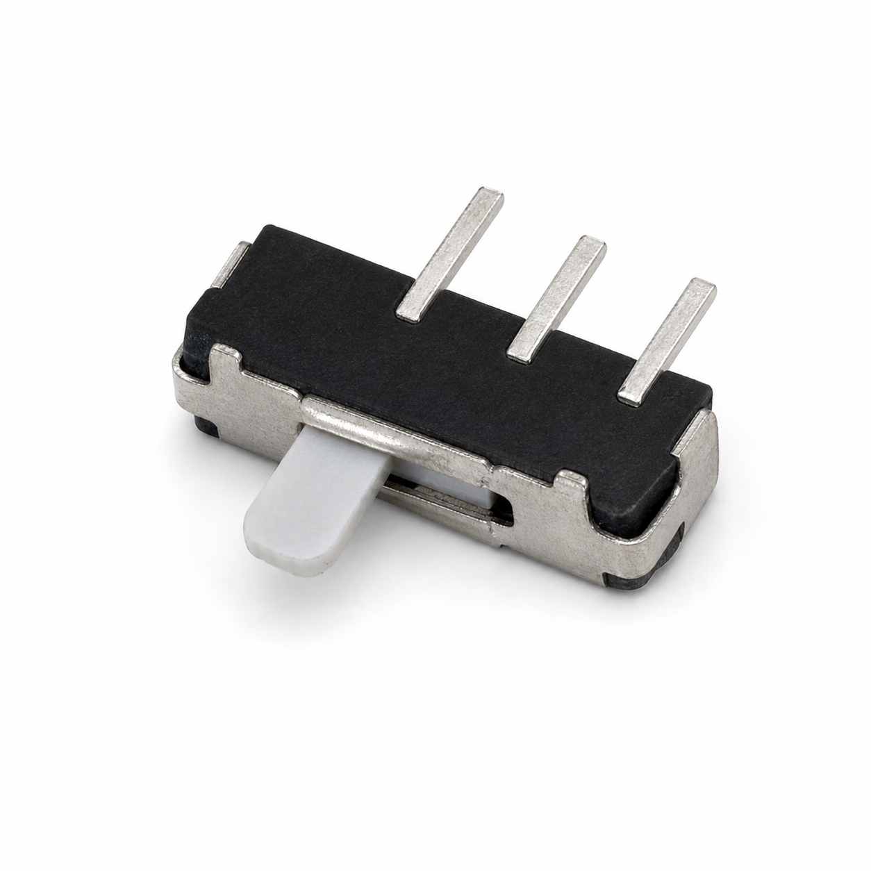 MSK1126 Side-Actuated Mini Slide Switch Miniature slide switch with a white rectangular actuator and three metal pins for through-hole mounting.
