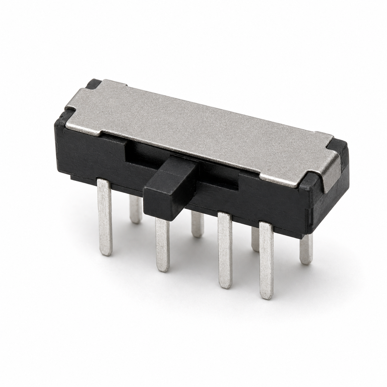 MSK1156 DP3T Side-Actuated PCB Slide Switch Small slide switch with black body, silver top plate, and four pins for PCB mounting (used to toggle circuits).