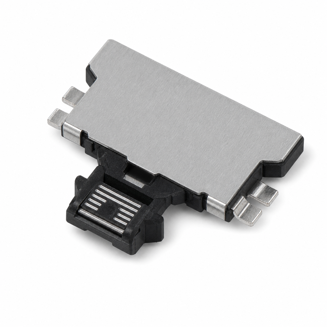 S2213A Tactile Switch Dimensions Metallic adapter module with a black plastic SATA-style connector at the bottom, likely a drive interface adapter