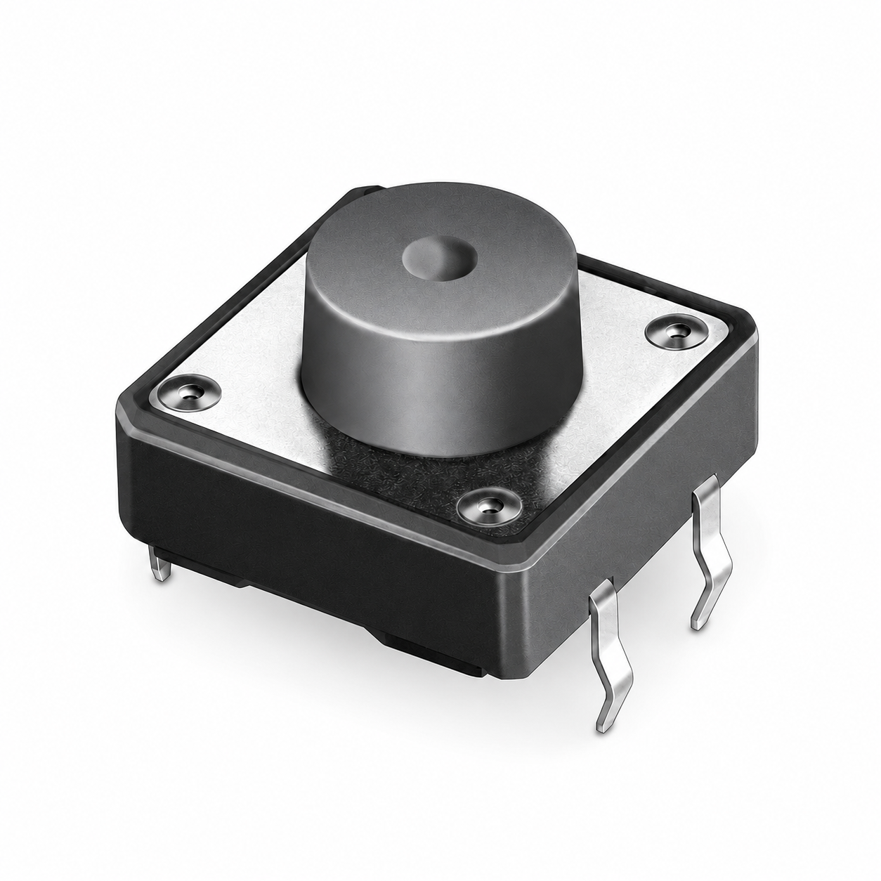 Large metal push-button switch with round plunger mounted on a black rectangular housing and four pins visible on the side.