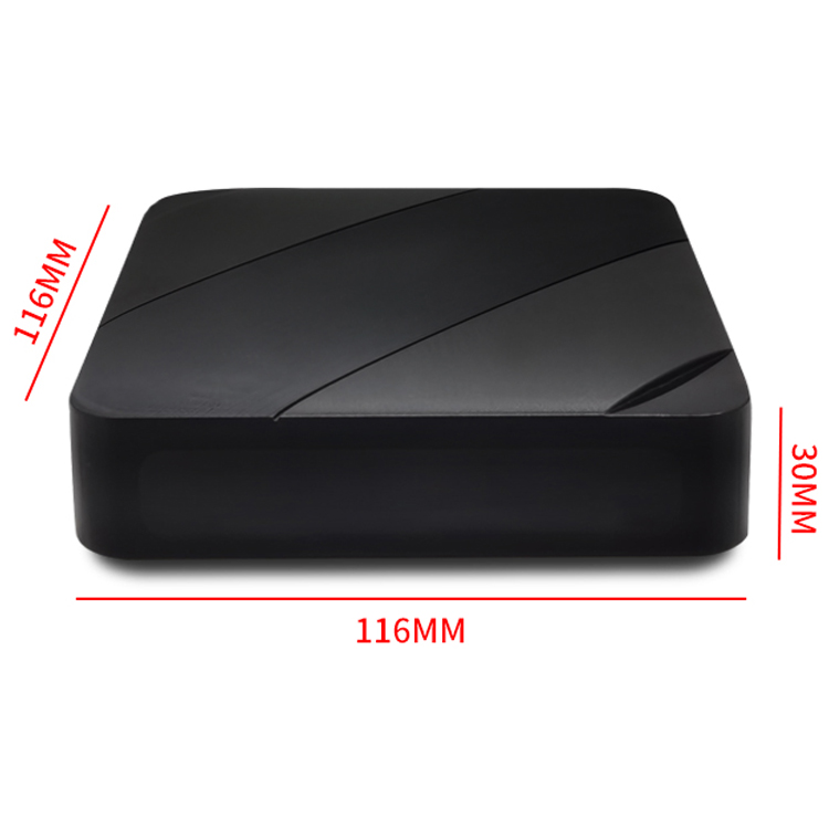eri-dvbchd004-dimensions Black rectangular electronic enclosure with rounded corners and diagonally engraved grooves, with red dimension marks showing 116 mm long, 30 mm high, and 16 mm thick.