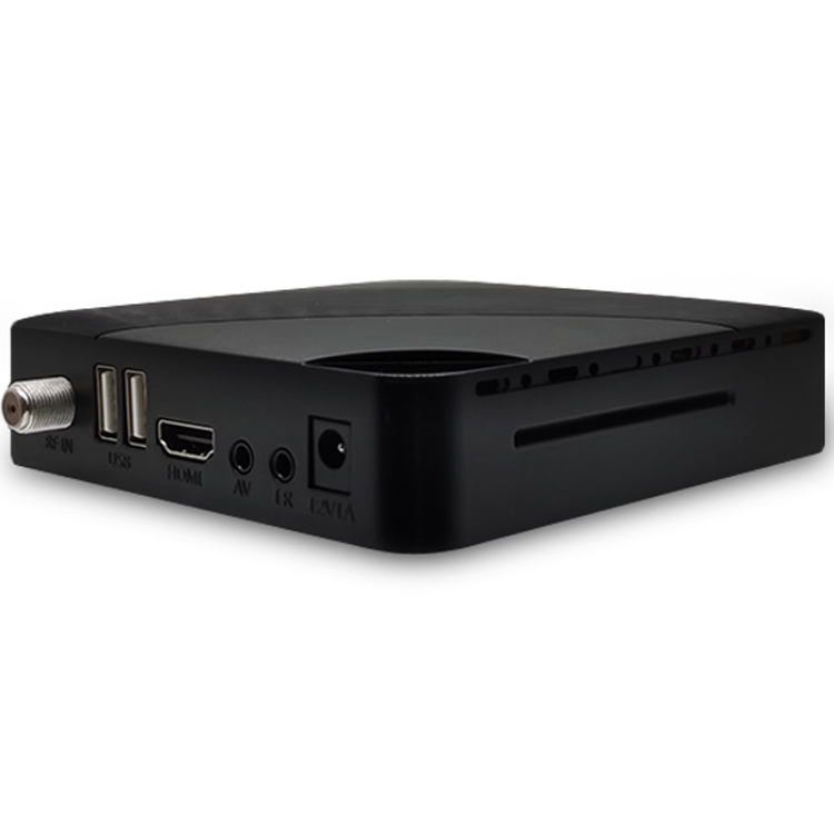 eri-dvbchd004-rear-angle Black media streaming box with antenna coax input, USB ports, HDMI, AV, SD card slot, and power jack