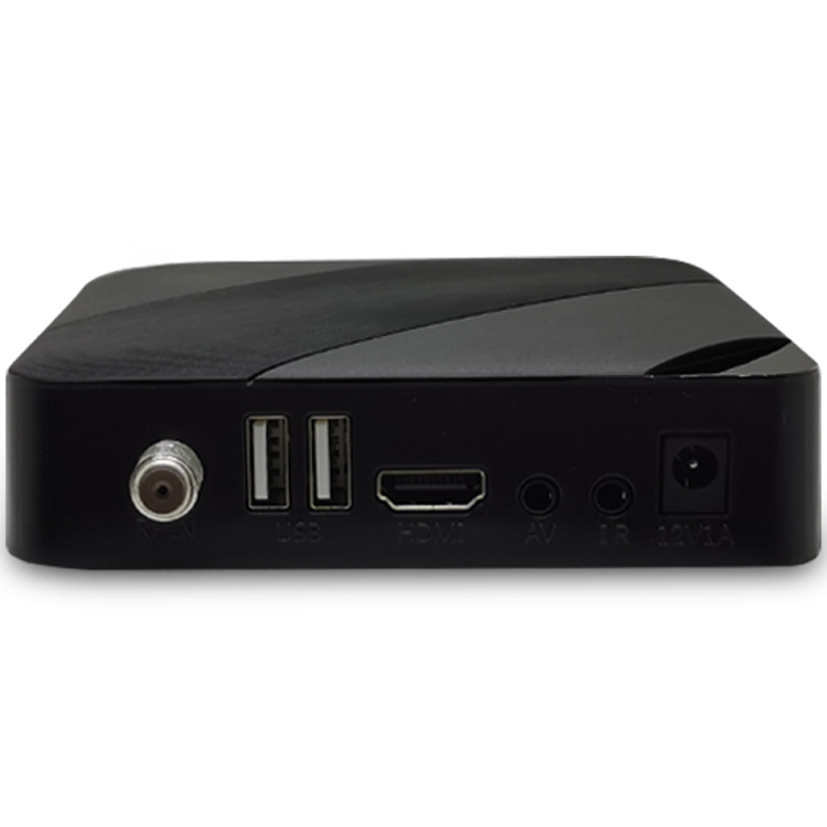 eri-dvbchd004-rear-ports Back panel of a black media streaming box showing coax input, two USB ports, an HDMI port, AV jacks, IR sensor, and 12V power input.