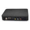 Back view of a black set-top box showing USB ports, HDMI, yellow video RCA, white and red audio RCA jacks, coaxial connector, and power input
