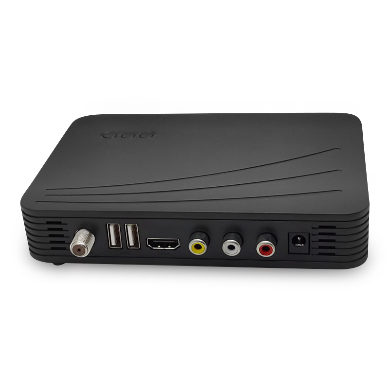 Back view of a black set-top box showing USB ports, HDMI, yellow video RCA, white and red audio RCA jacks, coaxial connector, and power input