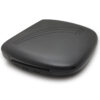 eri-dvbchd008-angle Black, rounded handheld electronic device with decorative curved lines and three small buttons on top.