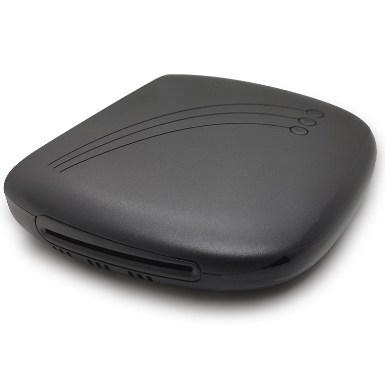 eri-dvbchd008-angle Black, rounded handheld electronic device with decorative curved lines and three small buttons on top.
