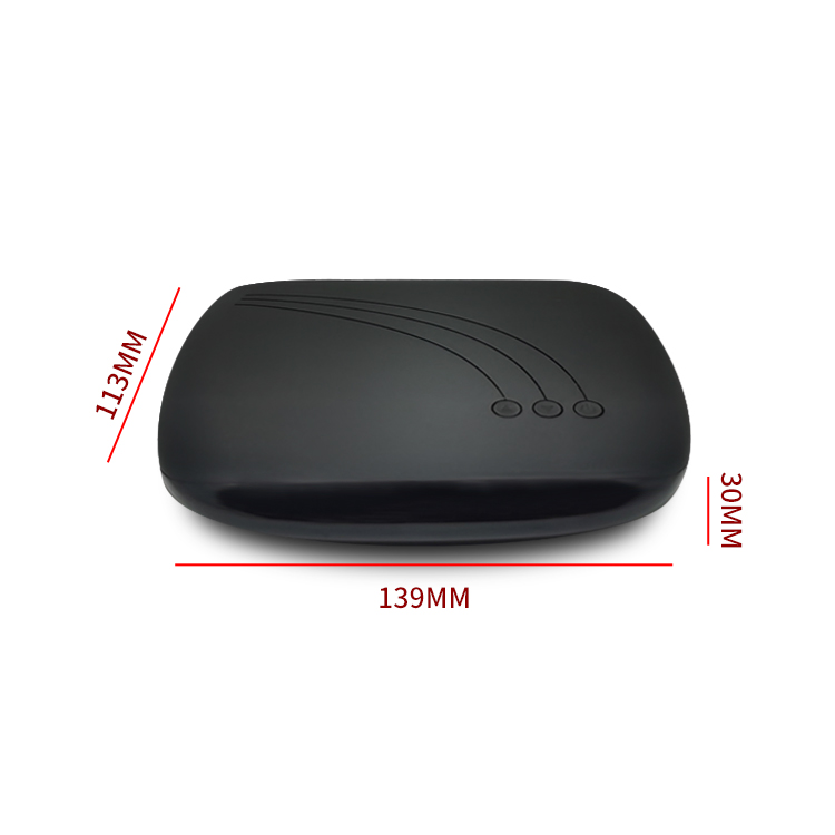 eri-dvbchd008-dimensions Black rounded rectangular electronic device with decorative curved lines and four small circles on a white background, overlaid with red measurement marks: 139 mm long, 113 mm tall on the left, and 30 mm thick on the right.