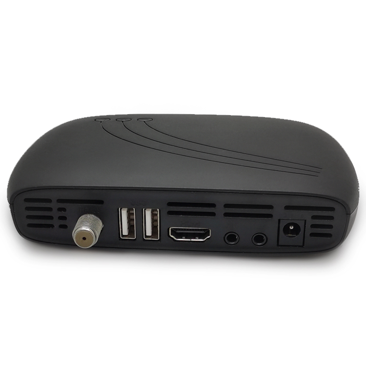 eri-dvbchd008-rear-ports Black streaming/media box on its side showing ports: coax RF input, two USB ports, HDMI output, audio jacks, and power connector (rear panel).