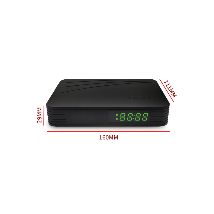 Black digital set-top box with a green LED display; dimensions shown: 160 mm wide, 29 mm tall, 11 mm deep.