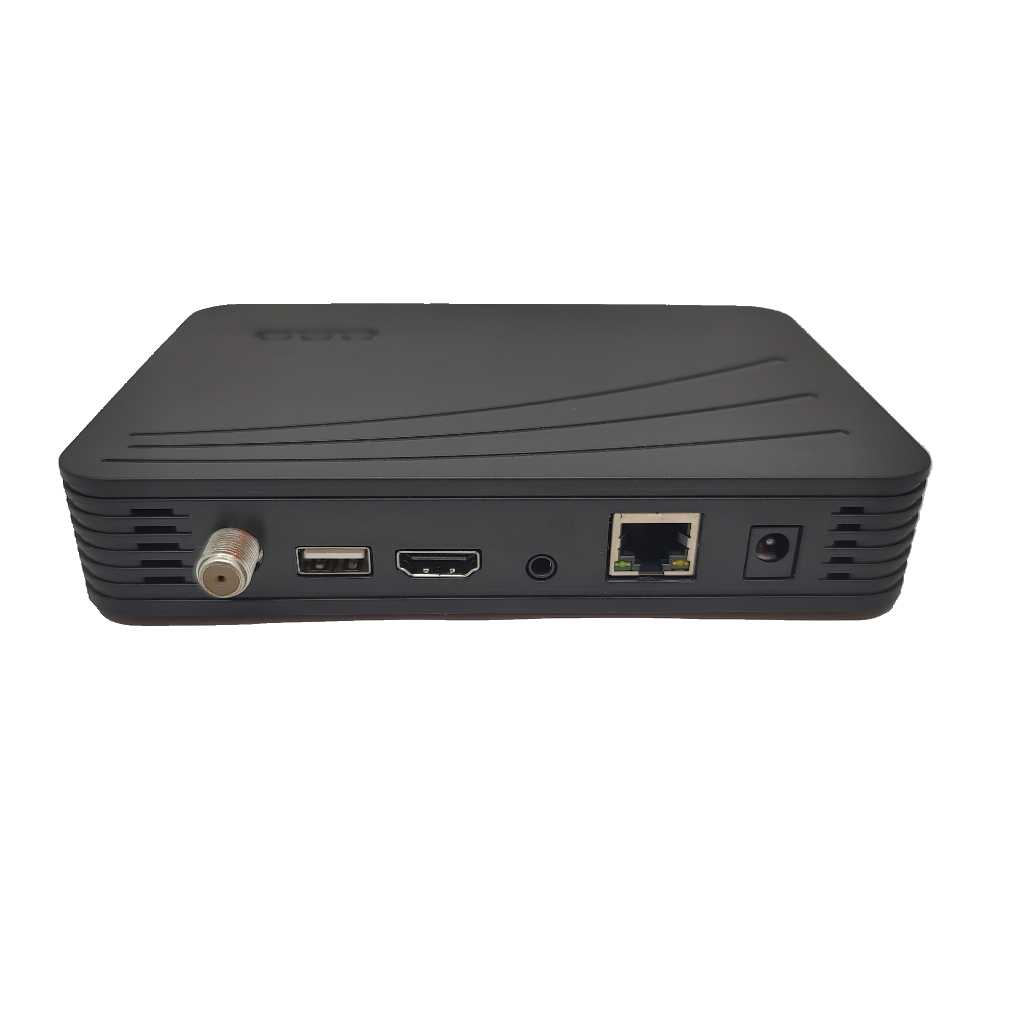 Rear view of a small black media device showing coaxial input, USB, HDMI, Ethernet, audio jack, and power port.
