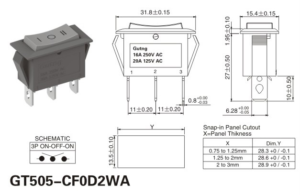 GT505-CF0D2WA rocker switch dimensions and panel cutout drawing