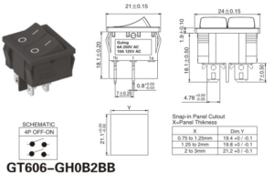 GT606-GH0B2BB dual rocker switch dimensions and panel cutout drawing