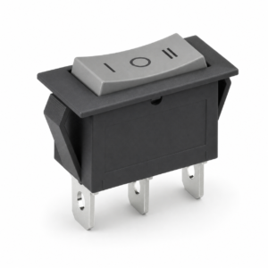 Three-terminal rocker switch with a gray actuator marked I, O, II on a black housing.