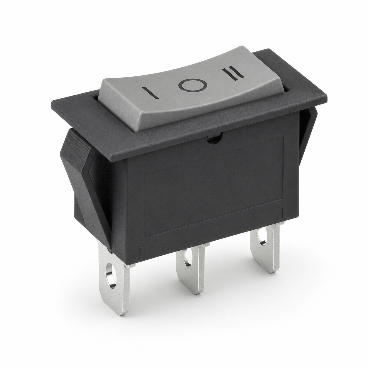 Three-terminal rocker switch with a gray actuator marked I, O, II on a black housing.